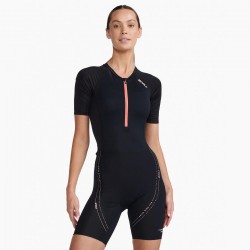 2XU - triathlon women suit short sleeved Aero Sleeved Trisuit - Black Hyper Coral orange