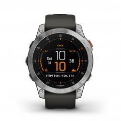 Garmin - Epix Gen 2 smartwatch premium cu GPS si AMOLED - ramă argintie din oţel inoxidabil, carcasă neagră si curea din silicon