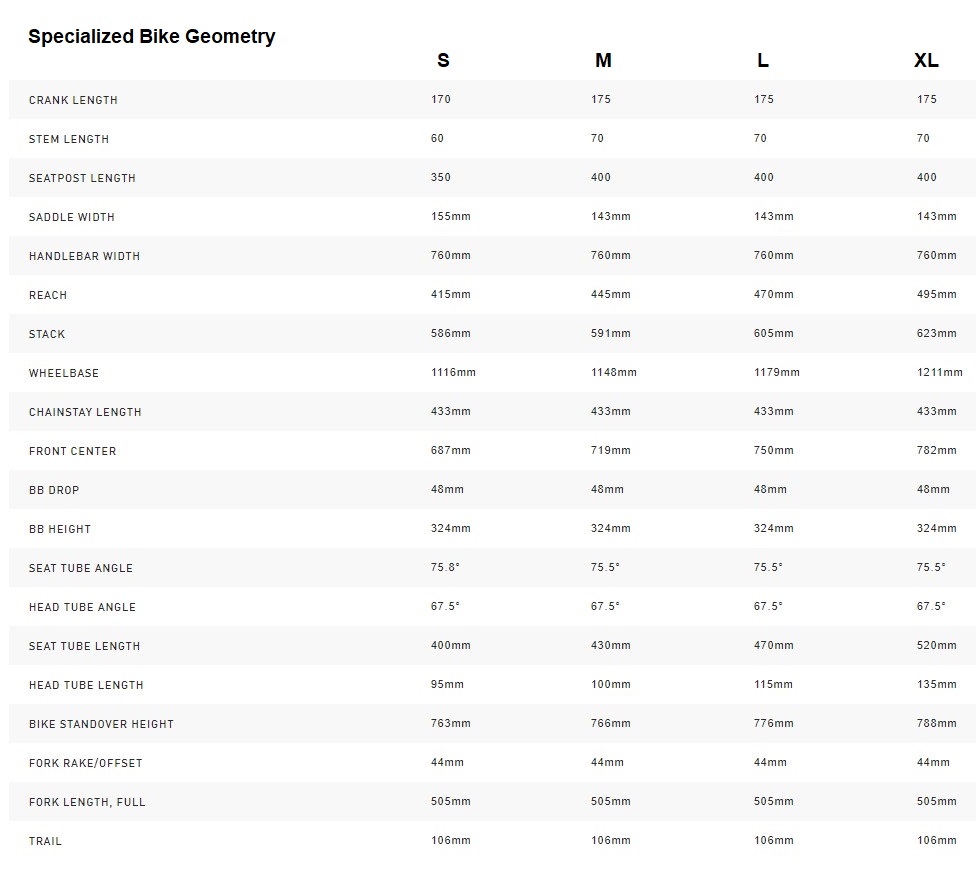 specialized mtb bike size chart